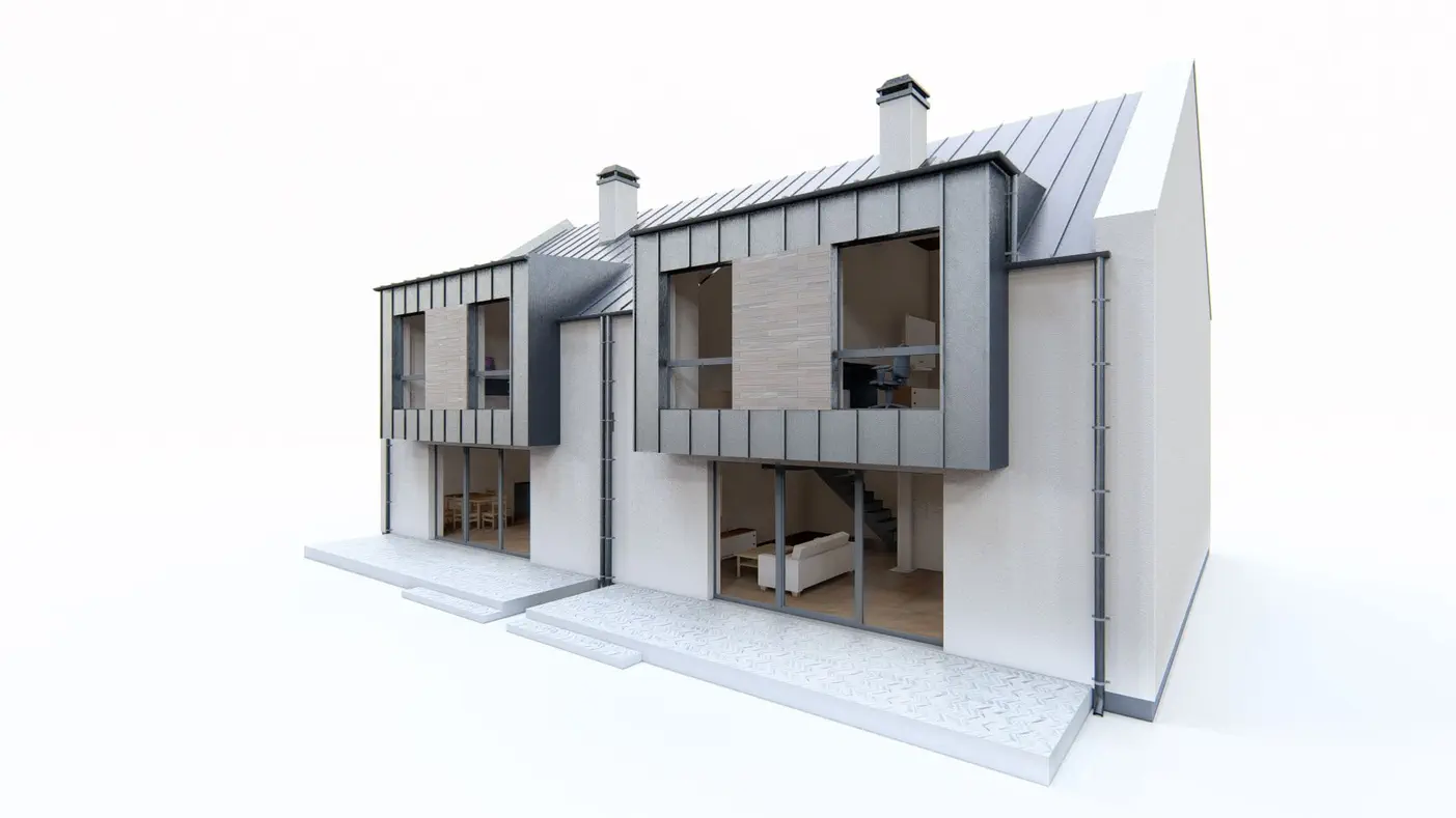 Namo projektas - Dvibutis namas dviems šeimoms su dviem garažais