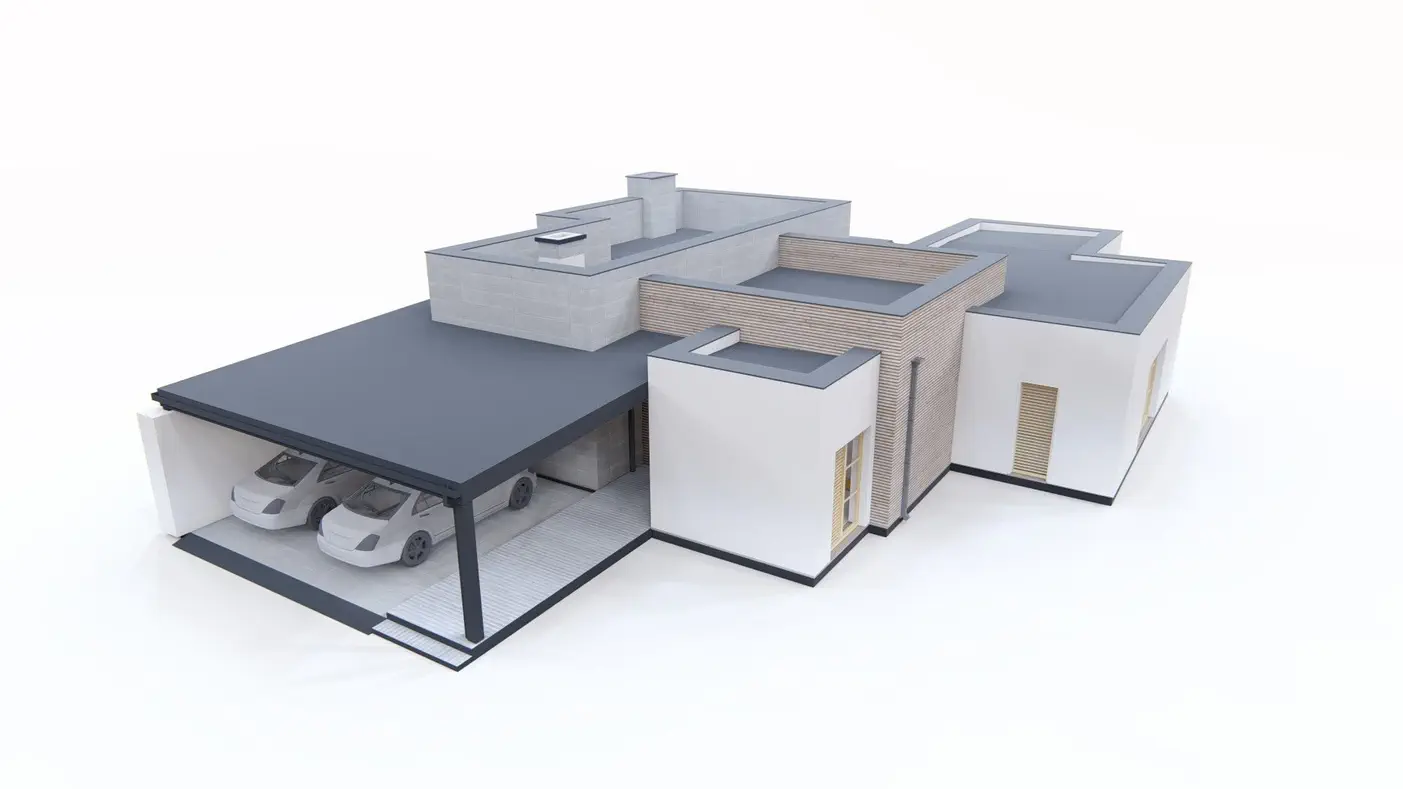 Namo projektas  - Šiuolaikiškas vienaukštis namas su terasa ir stogine dviems automobiliams