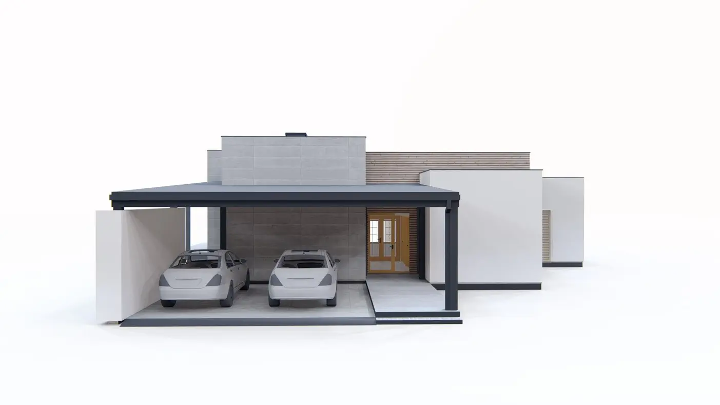 Namo projektas  - Šiuolaikiškas vienaukštis namas su terasa ir stogine dviems automobiliams