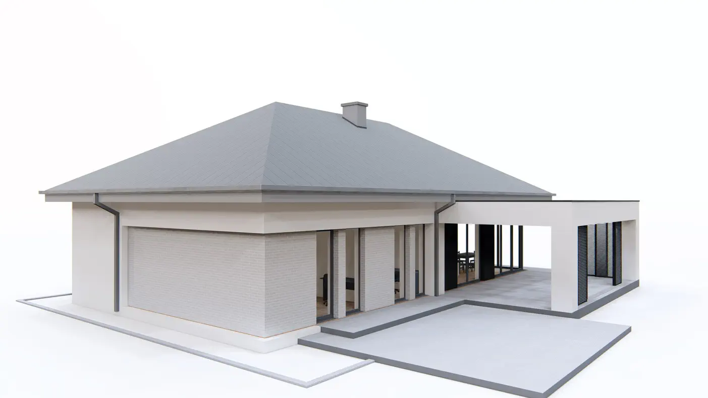 Home project - Parterowy dom z 3 sypialniami, powiększonym garażem oraz dachem 2 spadowym.