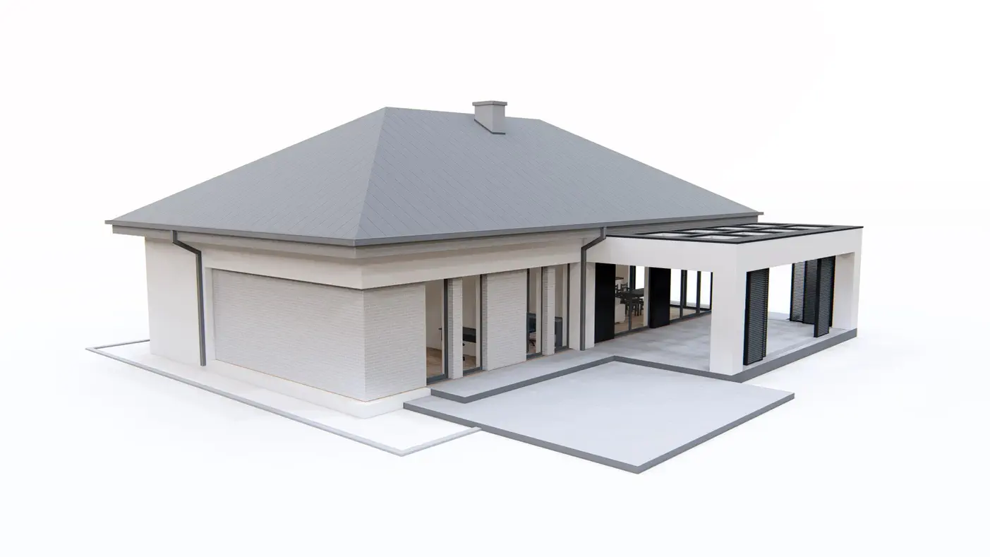 Home project - Parterowy dom z 3 sypialniami, powiększonym garażem oraz dachem 2 spadowym.