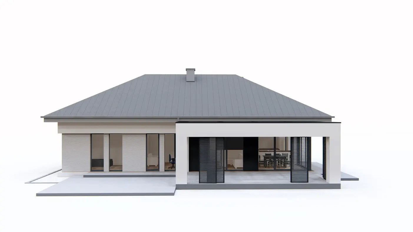 Z384 D to wyjątkowy dom z kategorii projekty domów do 110 m2 Gotowy projekt domu - Drewniany dom parterowy w stylu nowoczesnej klasyki, z dużym zadaszonym tarasem