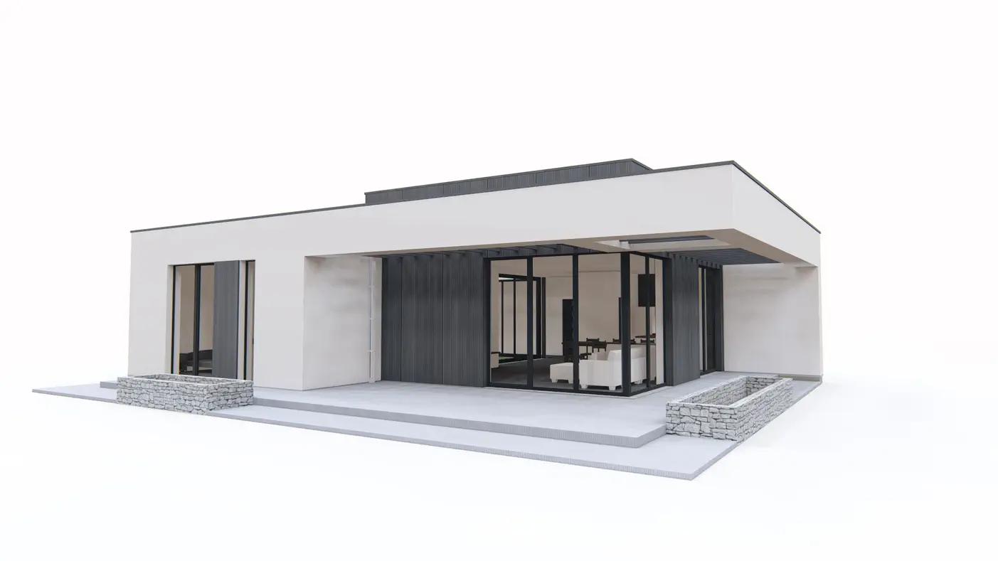 Zx153 to wyjątkowy dom z kategorii projekty domów parterowych Gotowy projekt domu - Nowoczesny dom parterowy z 4 sypialniami oraz patio wewnątrz.