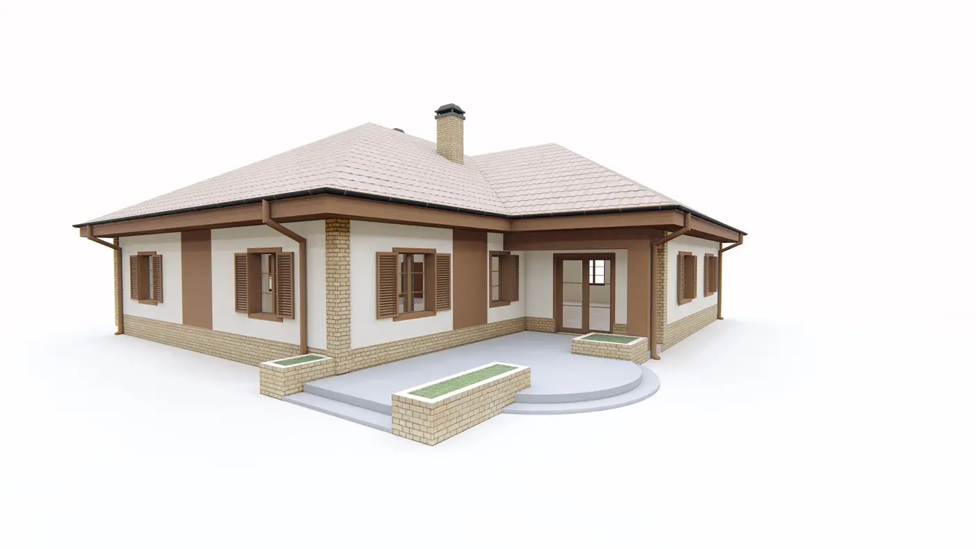 Gotowy projekt domu  - Dom parterowy z dużym salonem, trzema pokojami, dachem wielospadowym i garażem