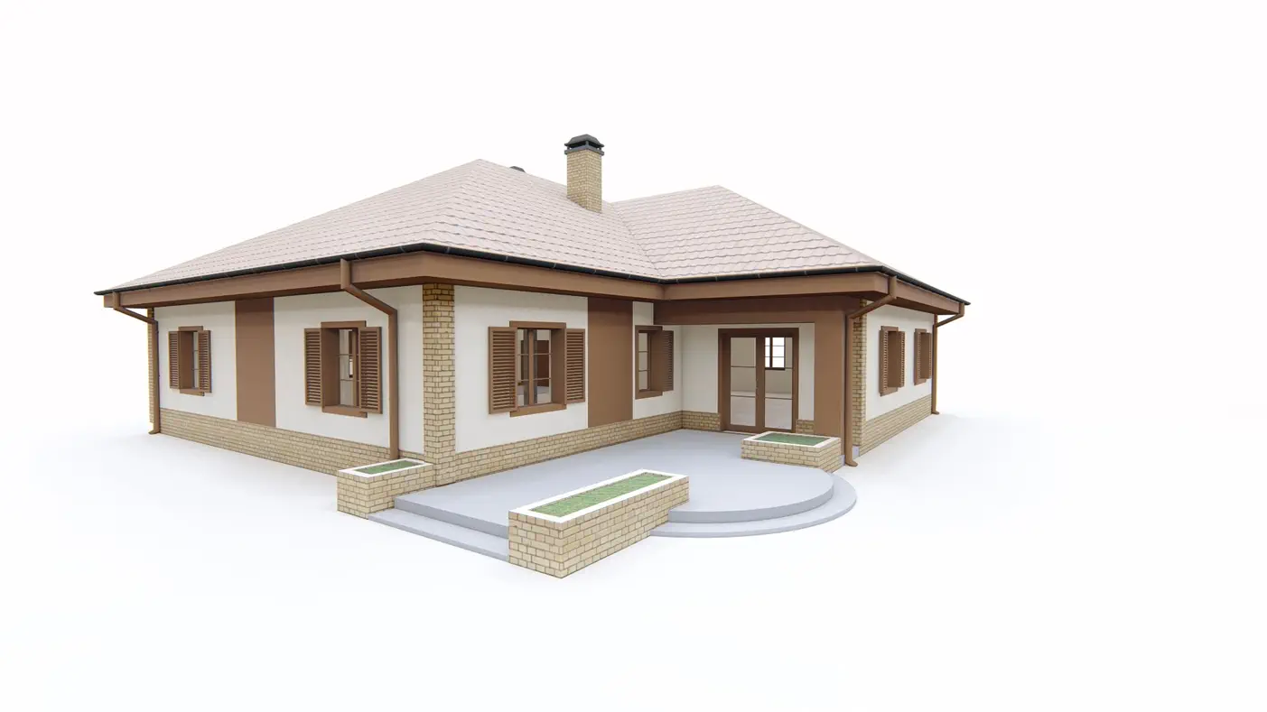 Gotowy projekt domu  - Dom parterowy z dużym salonem, trzema pokojami, dachem wielospadowym i garażem