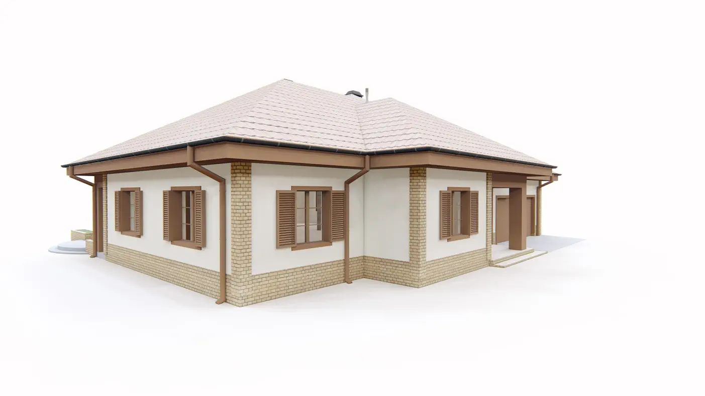 Gotowy projekt domu  - Dom parterowy z dużym salonem, trzema pokojami, dachem wielospadowym i garażem