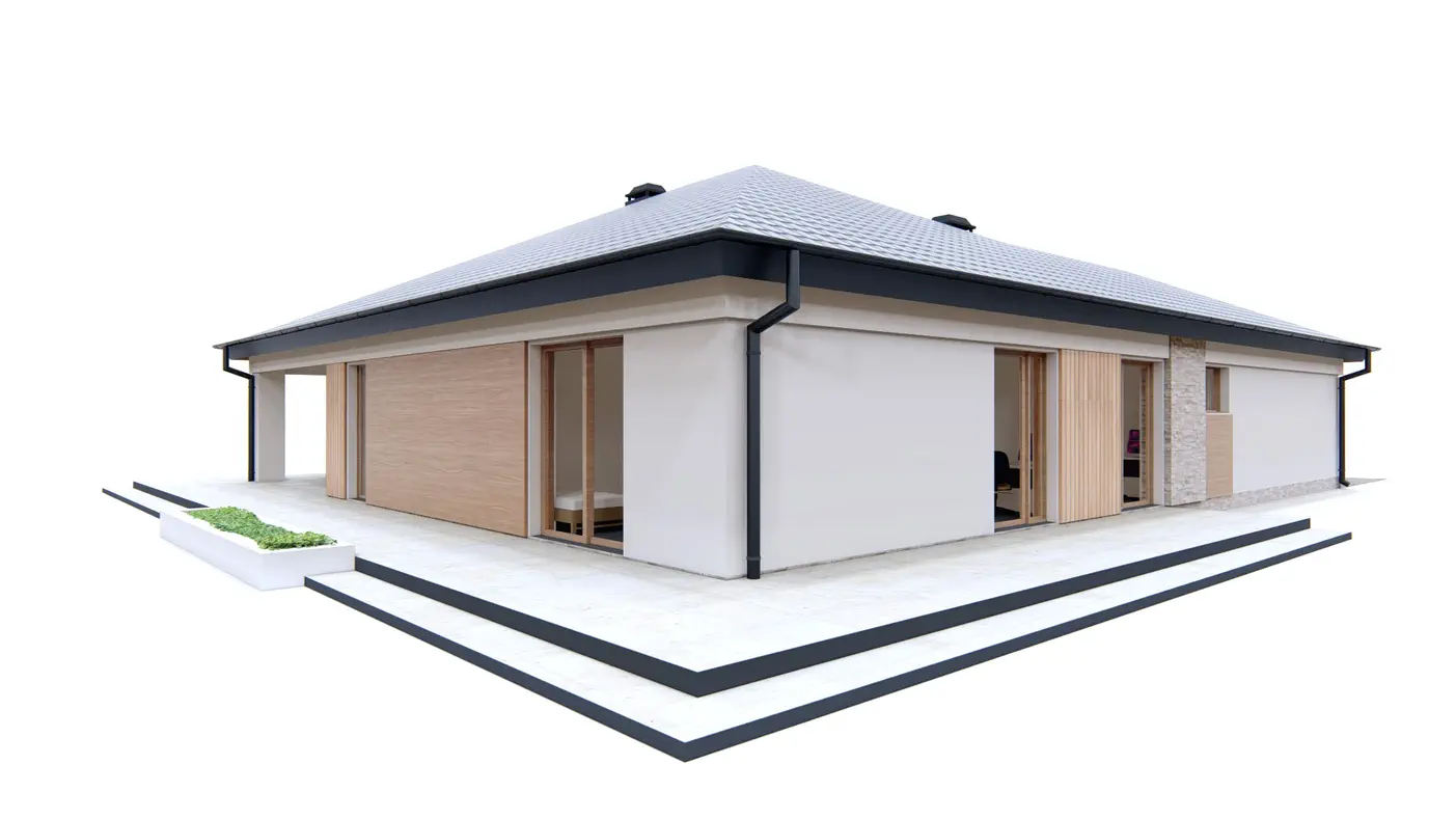 Gotowy projekt domu  - Dom parterowy z przestronnym salonem i 4 pokojami oraz z garażem od frontu