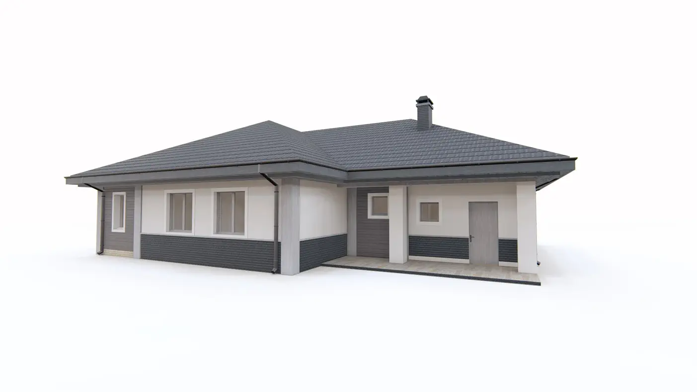 Gotowy projekt domu  - Funkcjonalny dom parterowy z czterem pokojami, dachem wielospadowym i garażem