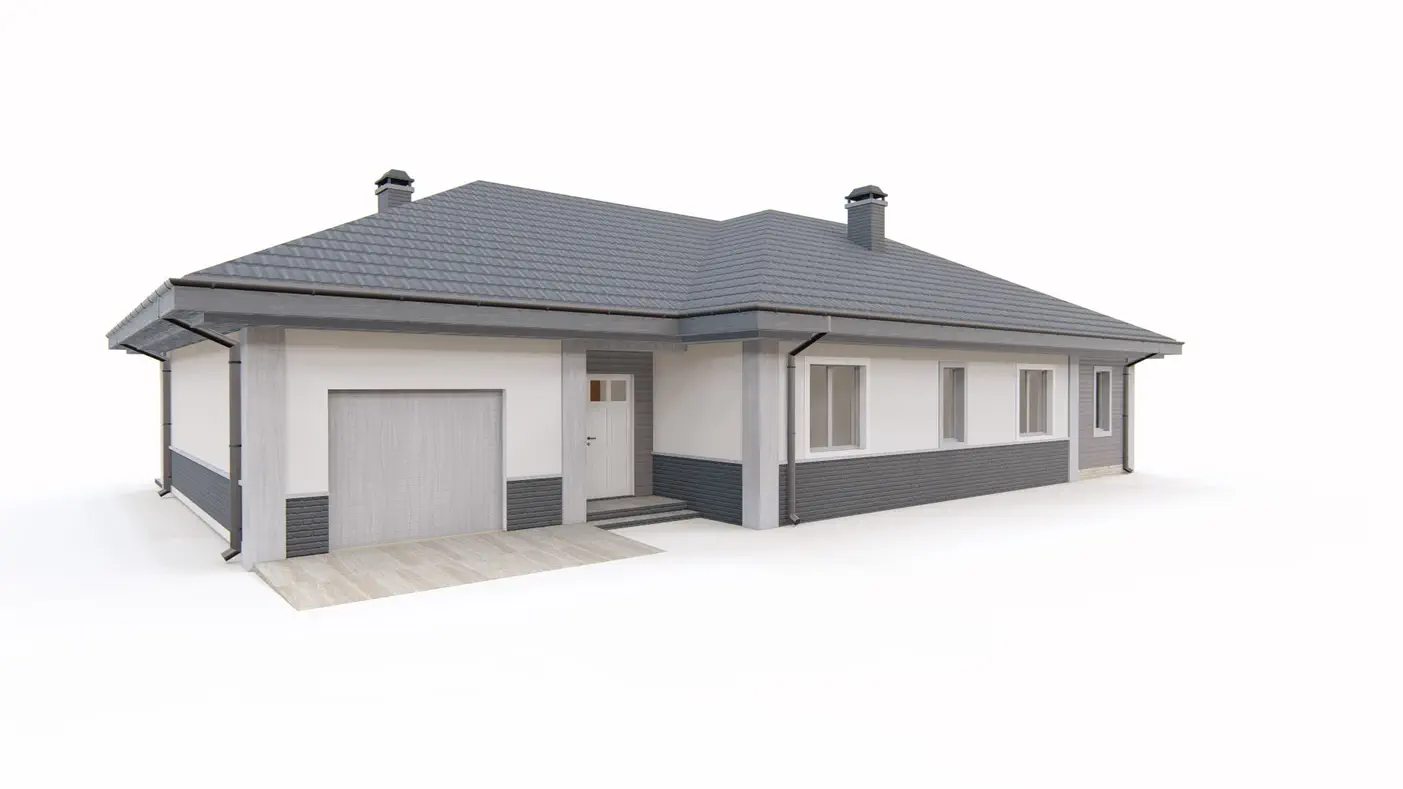 Gotowy projekt domu  - Funkcjonalny dom parterowy z czterem pokojami, dachem wielospadowym i garażem