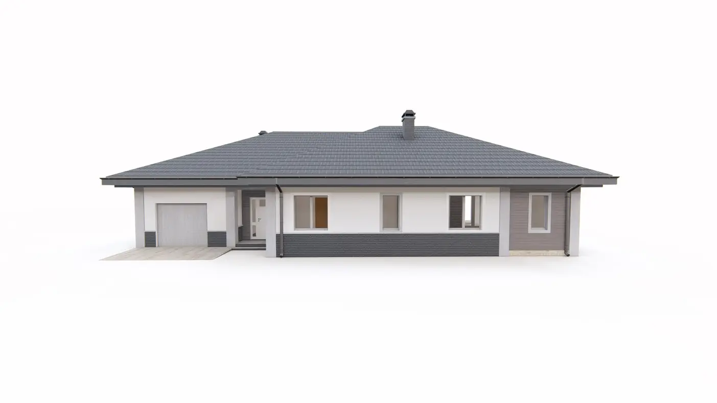 Gotowy projekt domu  - Funkcjonalny dom parterowy z czterem pokojami, dachem wielospadowym i garażem