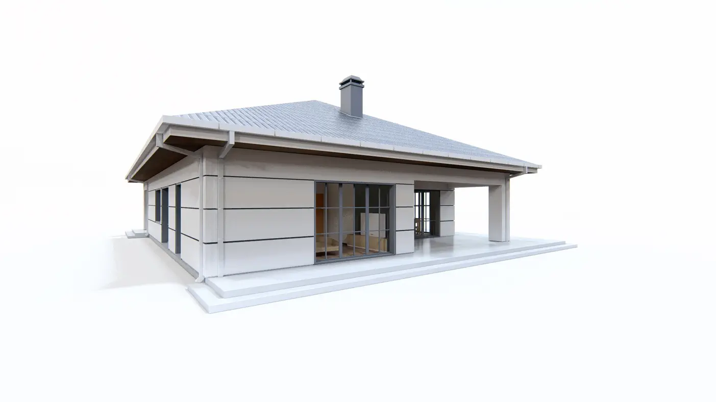 Gotowy projekt domu  - Współczesny, przytulny dom parterowy z 3 pokojami, dachem kopertowym i garażem