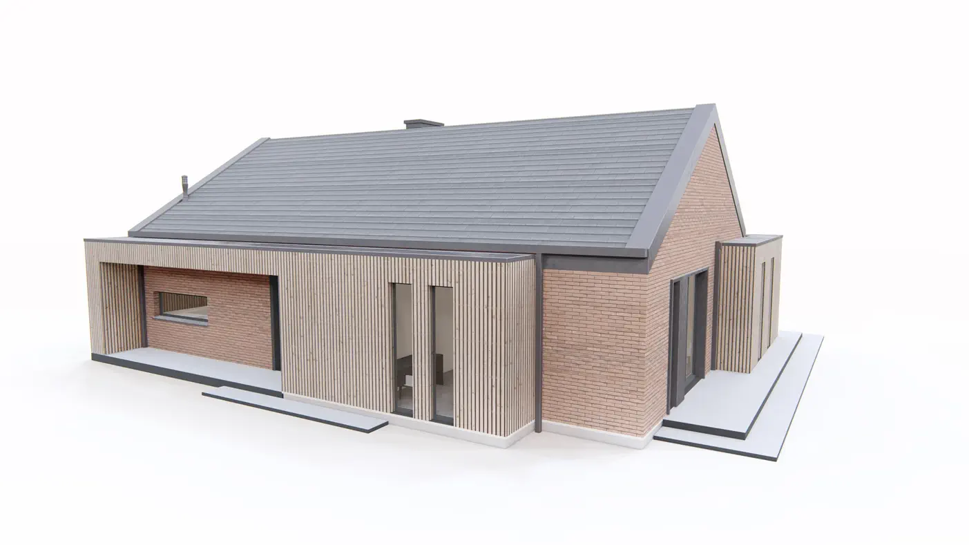 Home project - Podłużna bryła z nowoczesnymi elementami oraz niewielkim poddaszem.