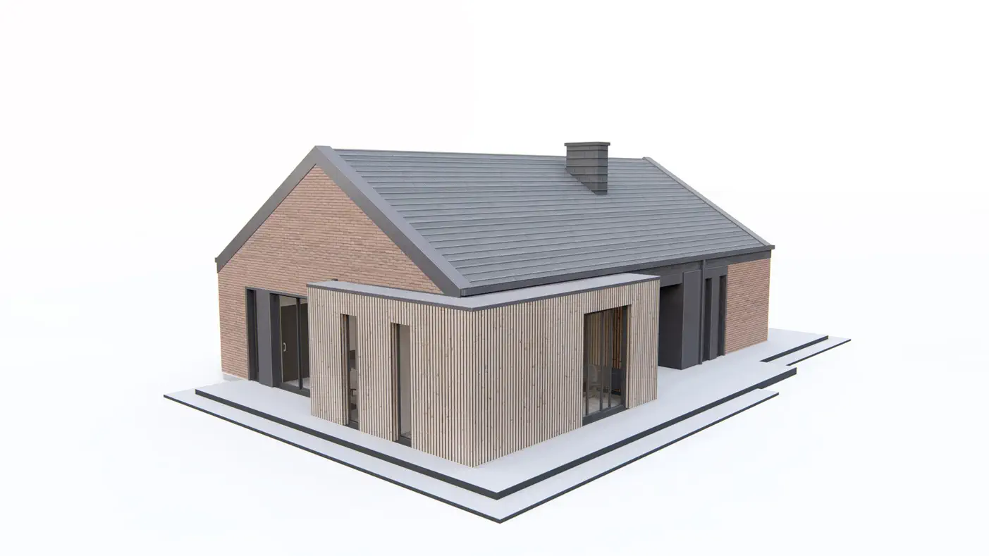 Home project - Podłużna bryła z nowoczesnymi elementami oraz niewielkim poddaszem.