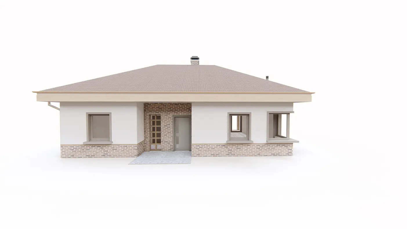 Home project  - Funkcjonalny dom parterowy z kopertowym dachem i narożnym oknem w kuchni.