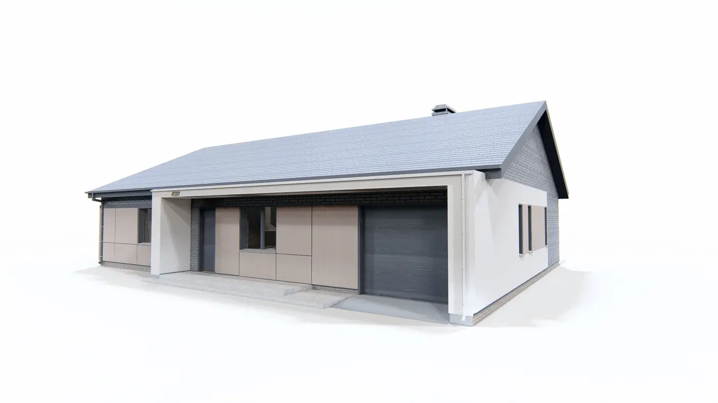 Gotowy projekt domu  - Parterowy dom o powierzchni ok 130m2 z 4 sypialniami, garażem i dachem 2spadowym