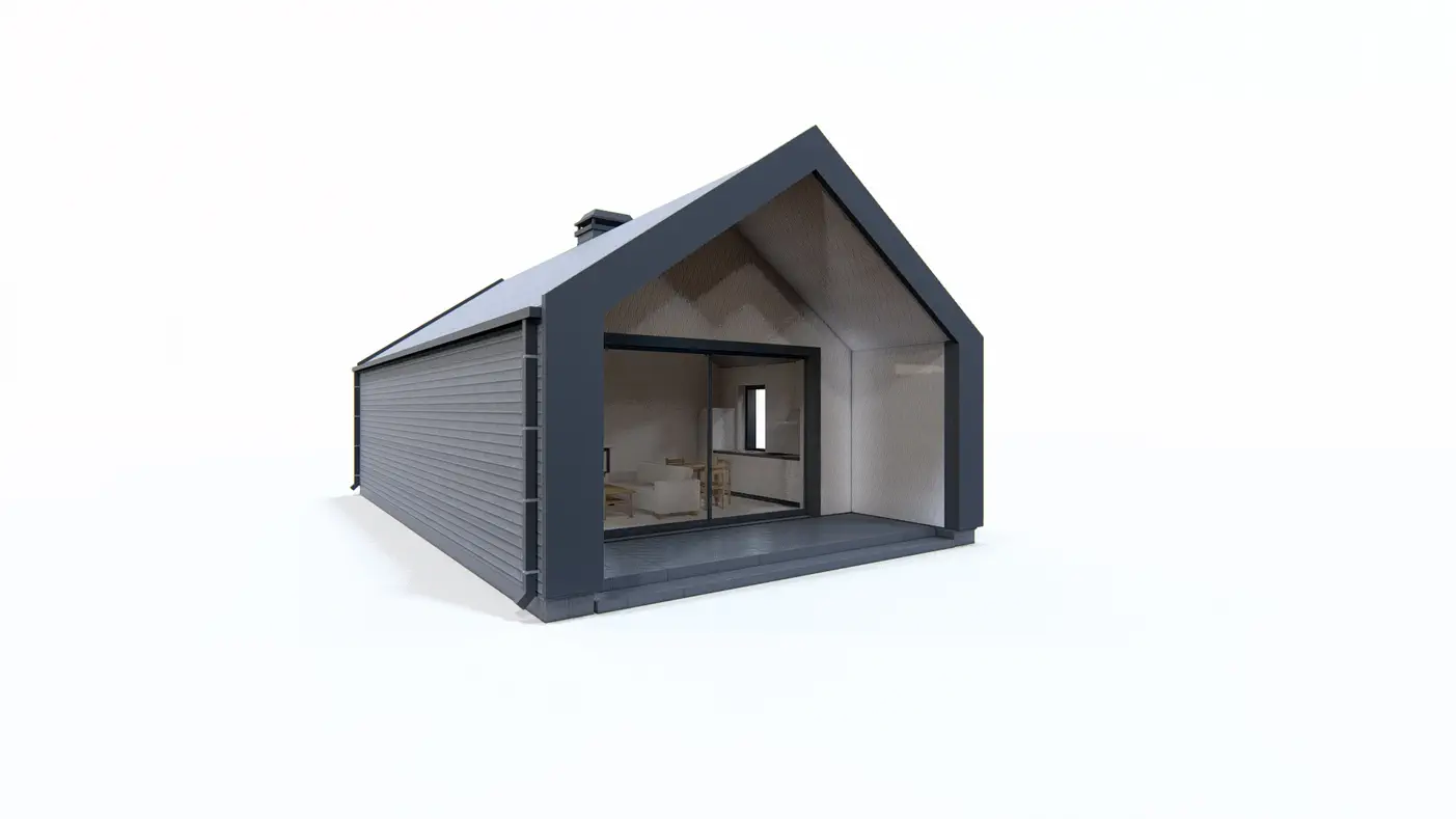 Home project  - Dom o powierzchni 47m2 z dachem 2-spadowym i jedną sypialnią.