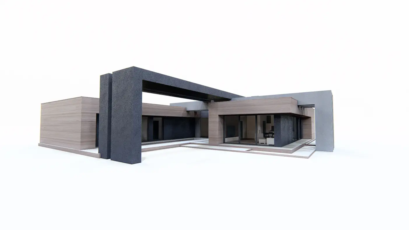 Gotowy projekt domu  - Parterowy dom z płaskim dachem na planie "U", z filarami w stylu modernistycznym