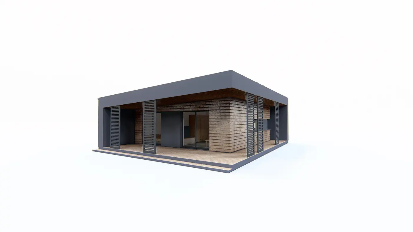 Gotowy projekt domu  - Mały dom z dachem pulpitowym, sypialnią, gabinetem i dużym zadaszonym tarasem.