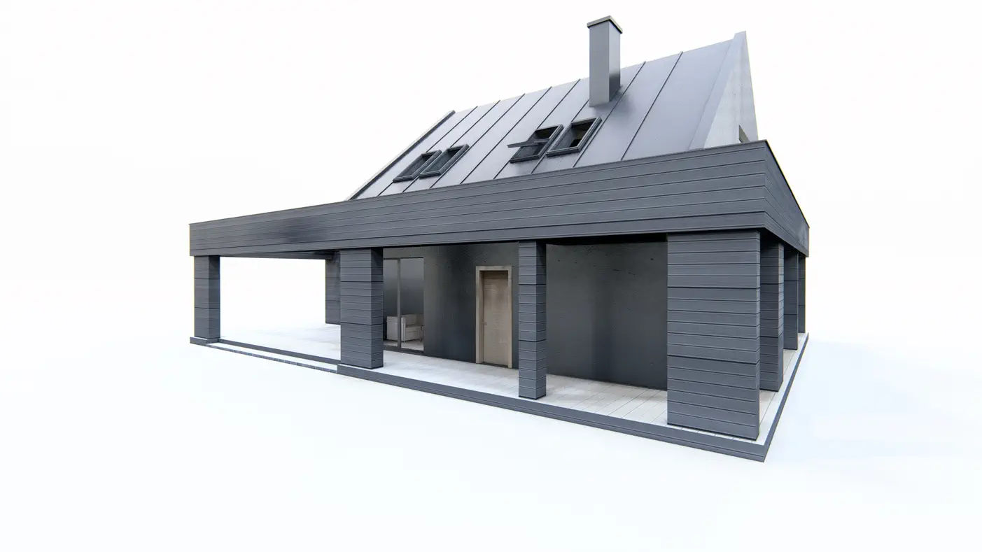 Gotowy projekt domu  - Współczesny dom z dachem 2-spadowym otoczony tarasem z płaskim zadaszeniem.