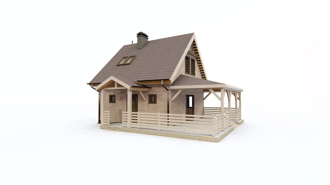 Gotowy projekt domu  - Dom sezonowy z werandą w naturalnym drewnie, prosty i tani w realizacji