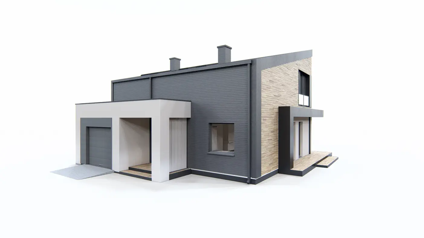 Gotowy projekt domu  - Dom z dachem pulpitowym, poddaszem użytkowym, garażem oraz gabinetem na parterze