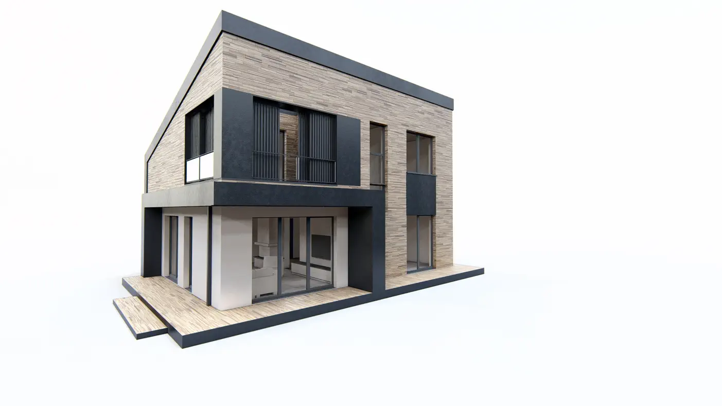 Gotowy projekt domu  - Dom z dachem pulpitowym, poddaszem użytkowym, garażem oraz gabinetem na parterze