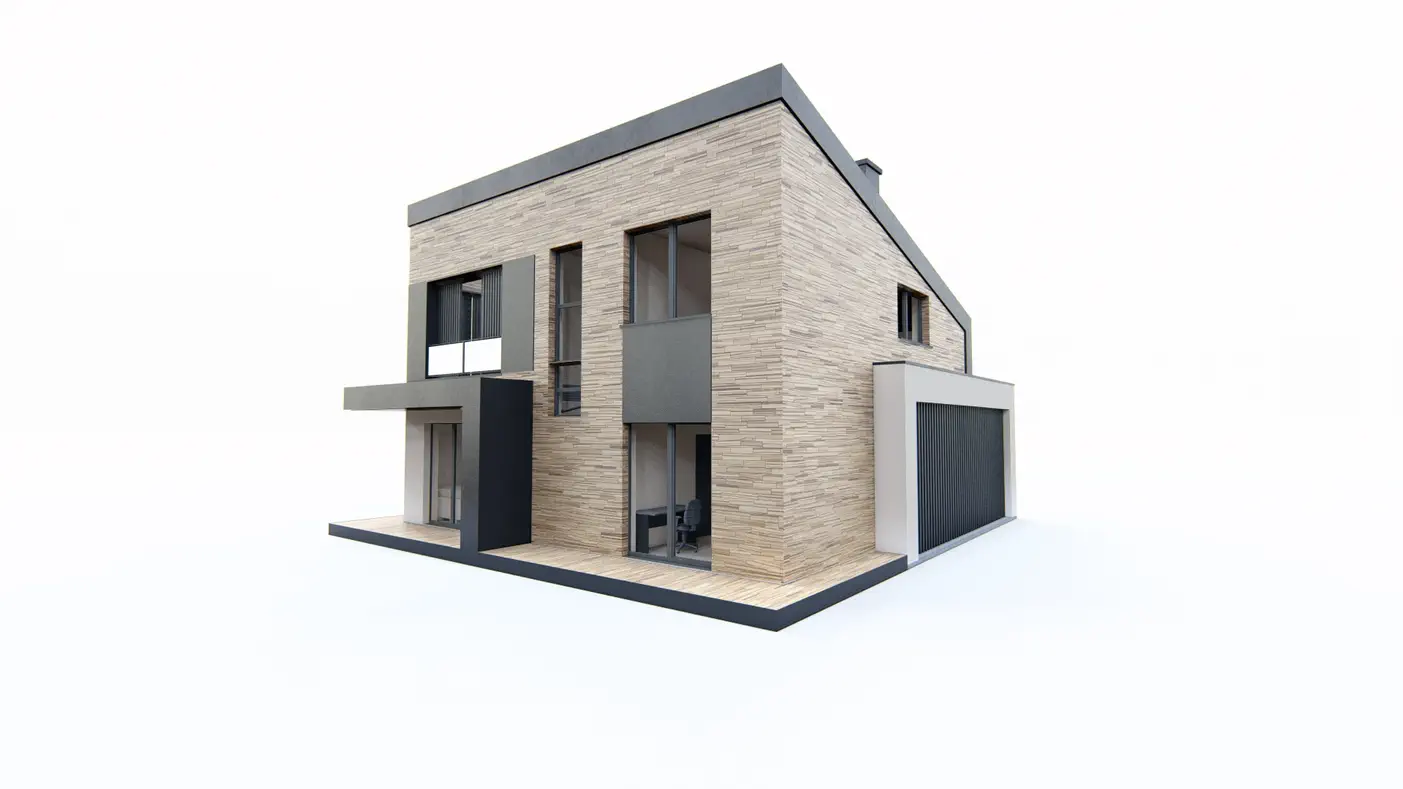 Gotowy projekt domu  - Dom z dachem pulpitowym, poddaszem użytkowym, garażem oraz gabinetem na parterze