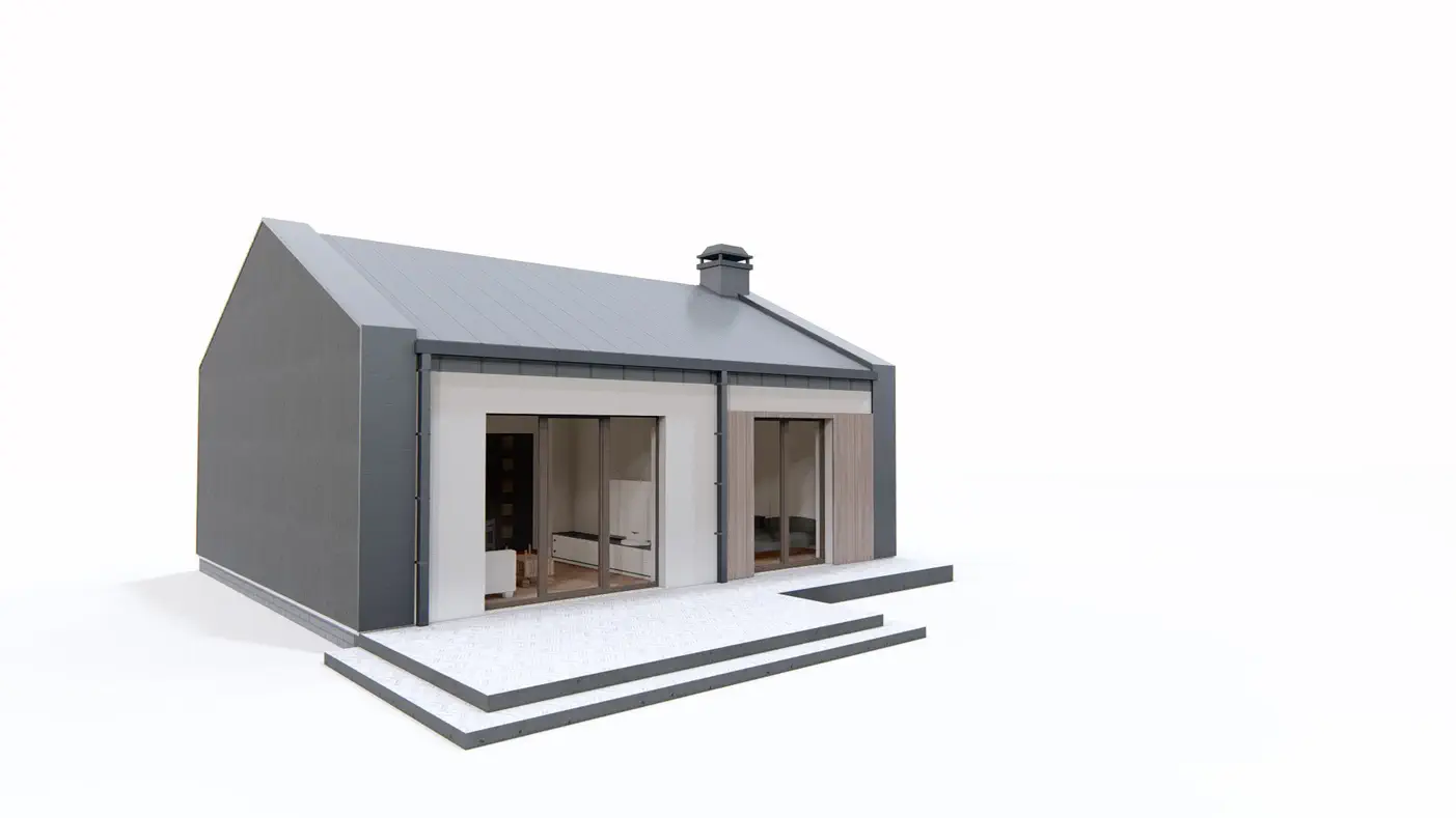 Gotowy projekt domu  - Drewniany prosty dom parterowy z dachem dwuspadowym i dwoma pokojami do 70 m2