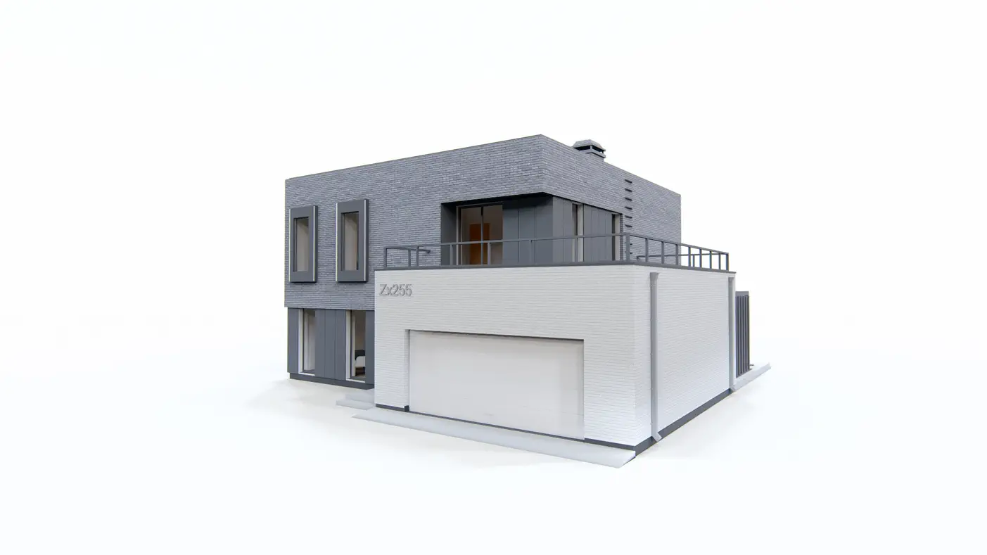 Gotowy projekt domu  - Nowoczesny dom piętrowy z dużymi przeszkleniami i garażem dwustanowiskowym.