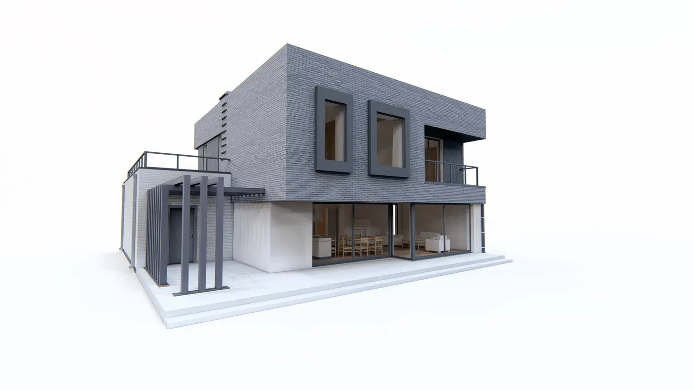 Gotowy projekt domu  - Nowoczesny dom piętrowy z dużymi przeszkleniami i garażem dwustanowiskowym.