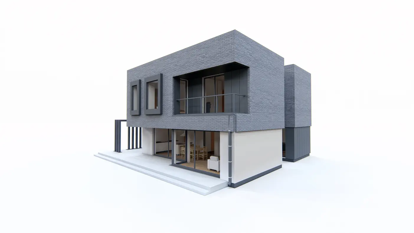 Gotowy projekt domu  - Nowoczesny dom piętrowy z dużymi przeszkleniami i garażem dwustanowiskowym.