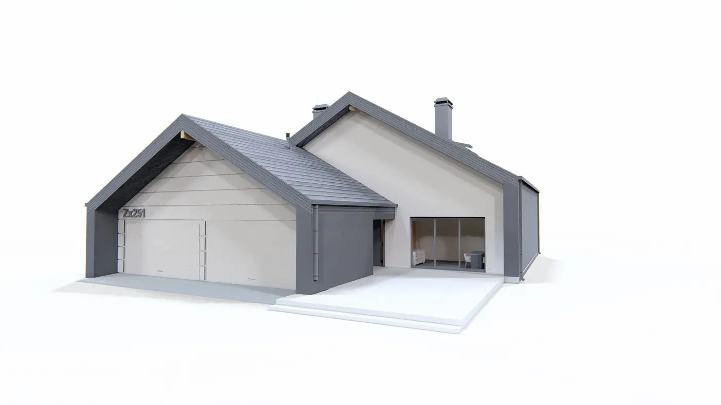 Gotowy projekt domu  - Dom z wysokim salonem, wydzieloną sypialnią , dużymi przeszkleniami