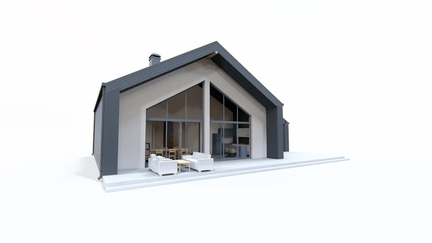 Gotowy projekt domu  - Dom z wysokim salonem, wydzieloną sypialnią , dużymi przeszkleniami