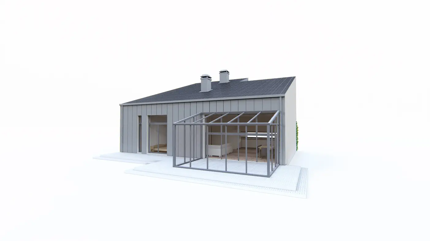 Gotowy projekt domu  - Dom z oranżerią, wydzieloną sypialnią główną na parterze i pokojami na poddaszu