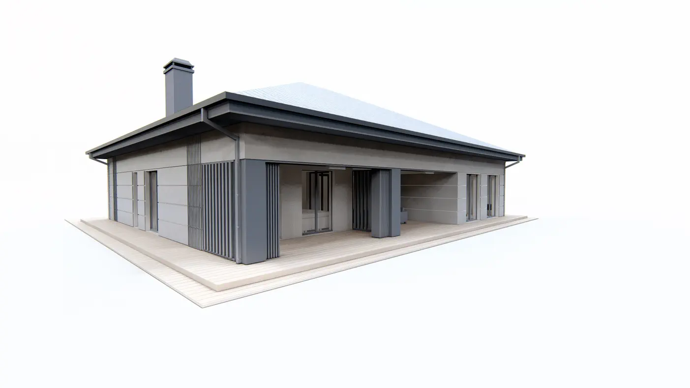 Gotowy projekt domu  - Parterowy dom z dachem kopertowym, łącznikiem i zadaszeniem na 2 samochody