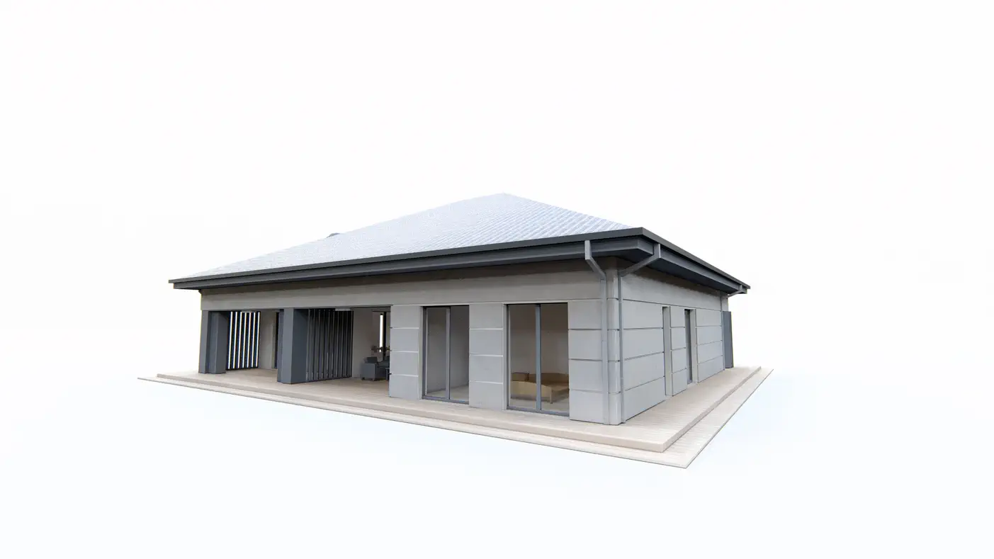 Gotowy projekt domu  - Parterowy dom z dachem kopertowym, łącznikiem i zadaszeniem na 2 samochody