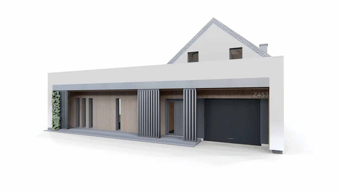 Z453 to wyjątkowy dom z kategorii projekty domów jednorodzinnych Gotowy projekt domu - Nowoczesny dom z dużym tarasem i balkonem na piętrze oraz przestronnym salonem