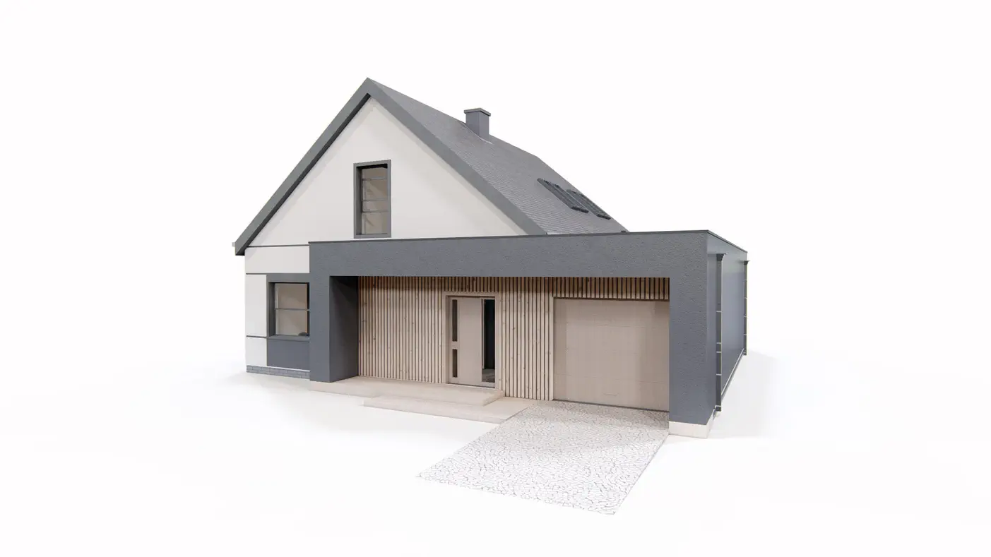 Gotowy projekt domu  - Współczesny dom z dachem 2-spadowym, garażem, gabinetem i 3 sypialniami.