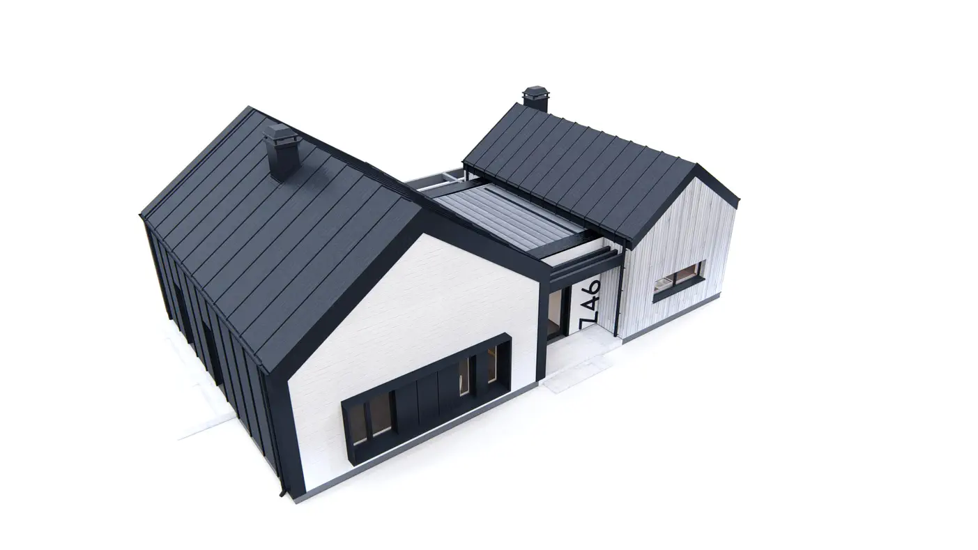 Gotowy projekt domu  - Współczesny parterowy dom z trzema sypialniami i gabinetem.