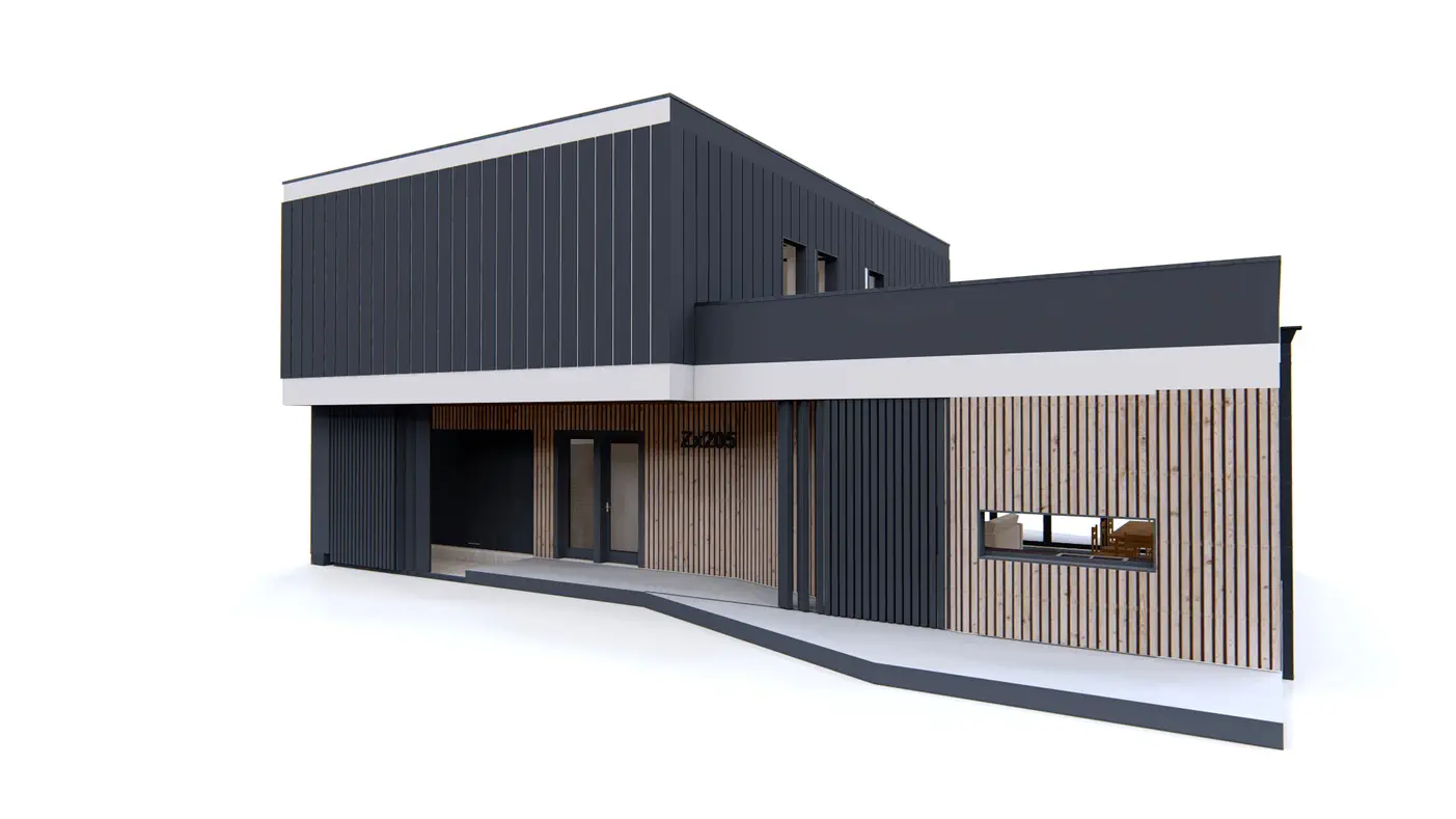 Gotowy projekt domu  - Nowoczesny dom z przestronnym salonem, dużą sypialnią z kominkiem oraz tarasem