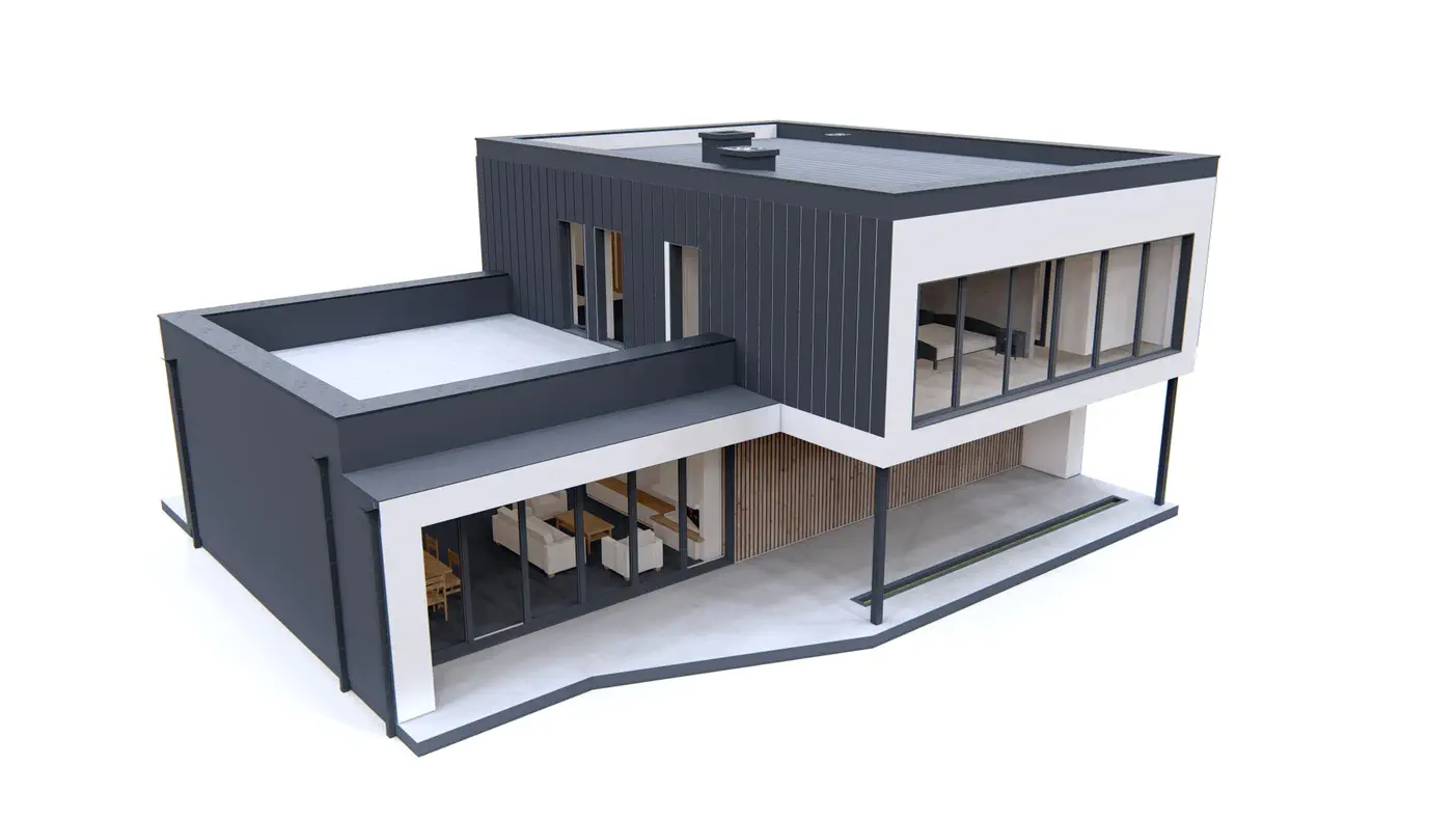 Gotowy projekt domu  - Nowoczesny dom z przestronnym salonem, dużą sypialnią z kominkiem oraz tarasem