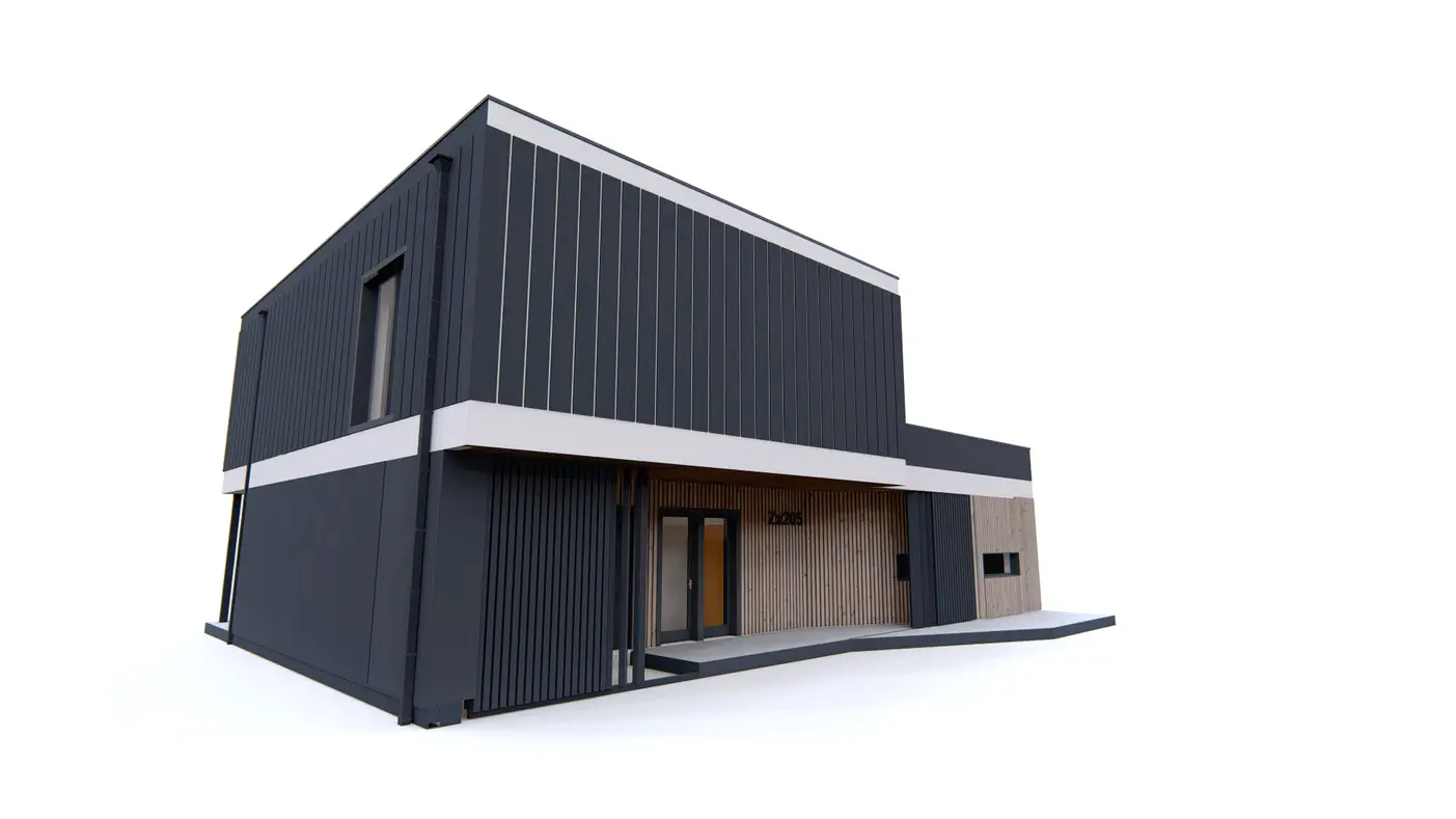 Gotowy projekt domu  - Nowoczesny dom z przestronnym salonem, dużą sypialnią z kominkiem oraz tarasem