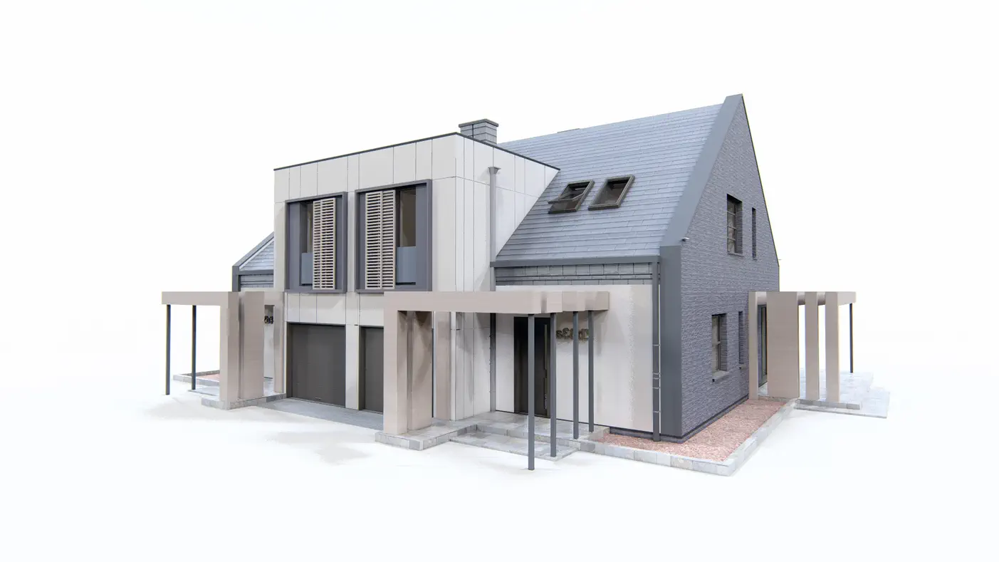 Zb33 to wyjątkowy dom z kategorii projekty domów jednorodzinnych Gotowy projekt domu - Dom do zabudowy bliźniaczej o powierzchni ok 130m2 z nowoczesnymi lukarnami.