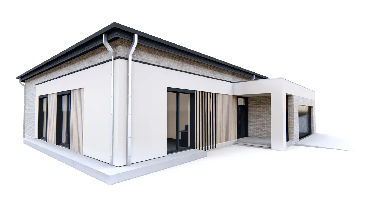 Gotowy projekt domu  - Współczesny, parterowy dom z 4 sypialniami i garażem na 2 samochody.