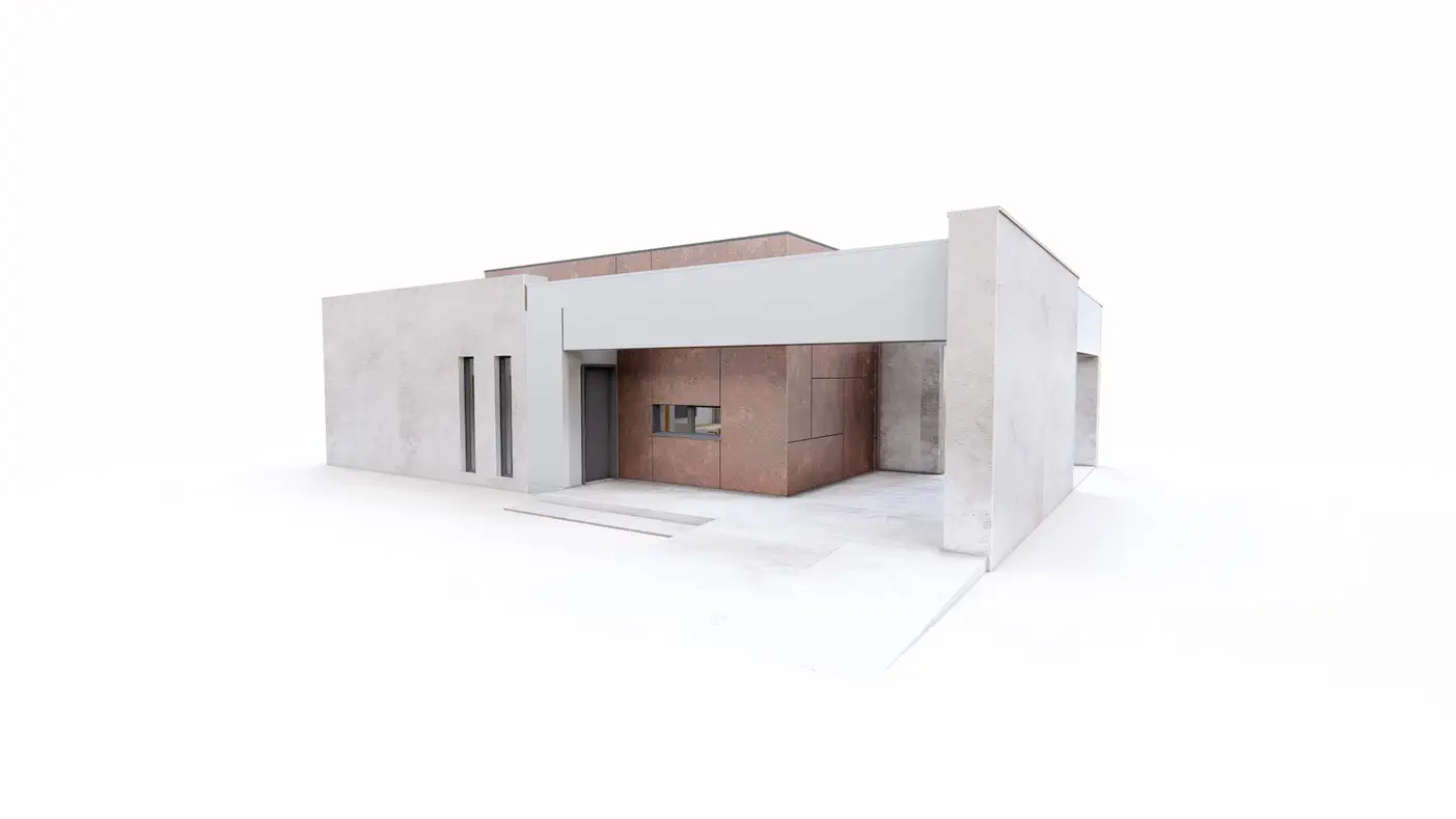 Gotowy projekt domu  - Nowoczesny, parterowy dom z dwoma pokojami i przestronnym tarasem oraz wiatą