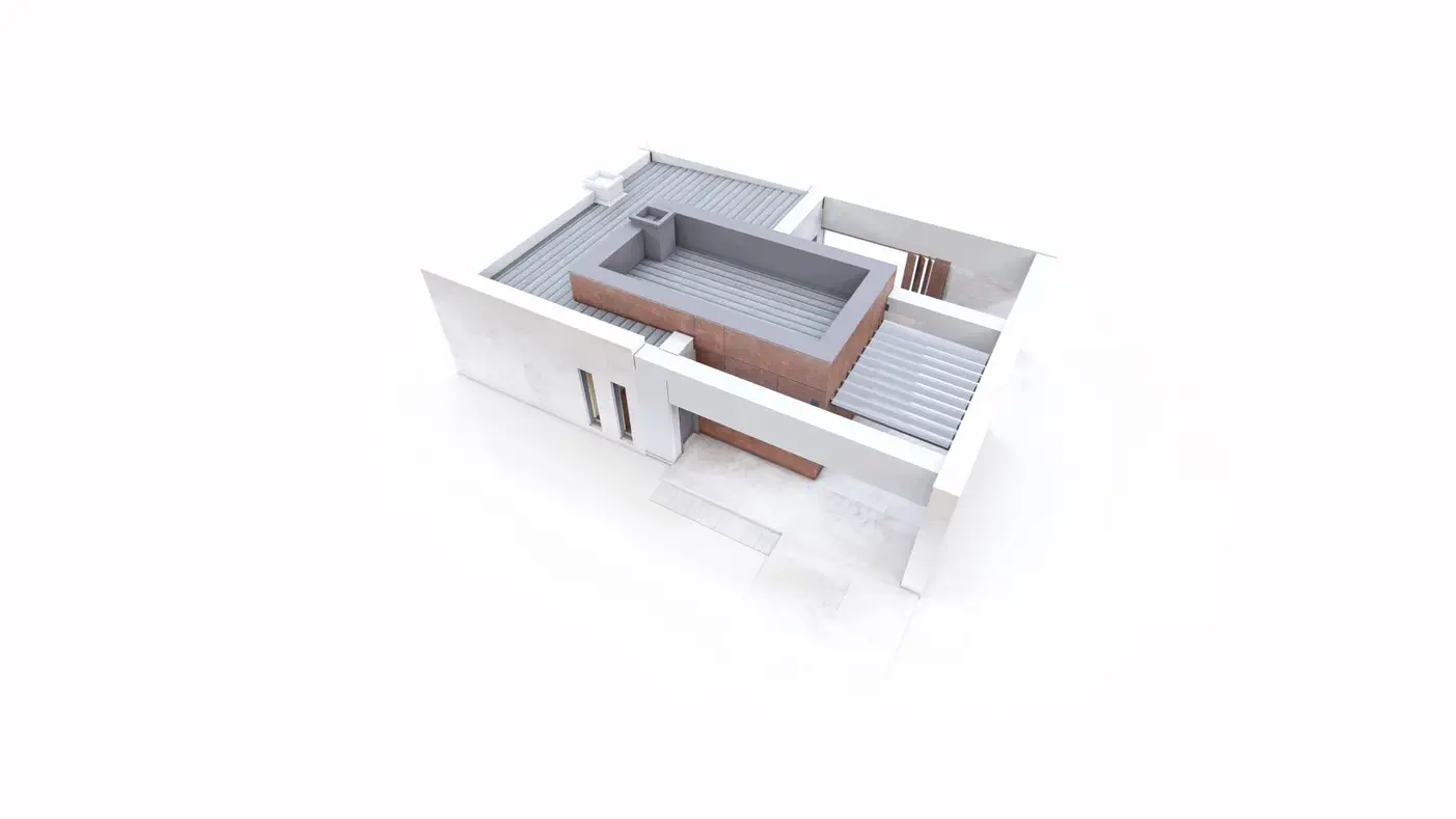 Gotowy projekt domu  - Nowoczesny, parterowy dom z dwoma pokojami i przestronnym tarasem oraz wiatą