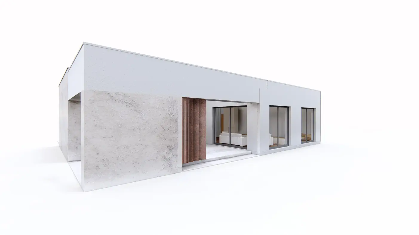 Gotowy projekt domu  - Nowoczesny, parterowy dom z dwoma pokojami i przestronnym tarasem oraz wiatą