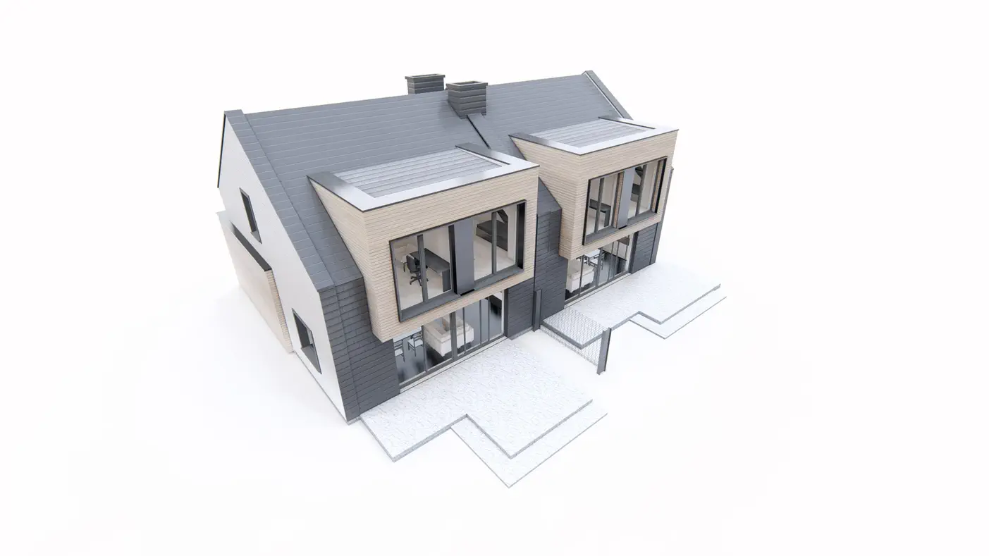 Zb39 to wyjątkowy dom z kategorii projekty domów w zabudowie bliźniaczej Gotowy projekt domu - Dom-bliźniak o powierzchni 98 m2 z garażem w bryle oraz 3 sypialniami.