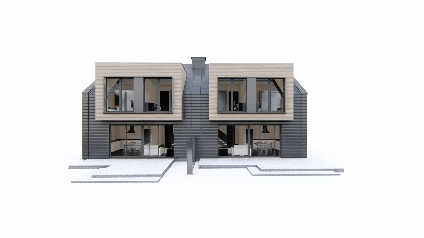 Zb39 to wyjątkowy dom z kategorii projekty domów na wąską działkę Gotowy projekt domu - Dom-bliźniak o powierzchni 98 m2 z garażem w bryle oraz 3 sypialniami.