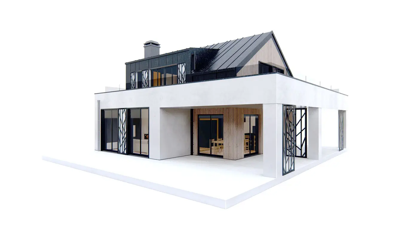 Mājas projekts - Mūsdienīga divstāvu māja ar plašu dzīvojamo zonu un lielu terasi - Zb32